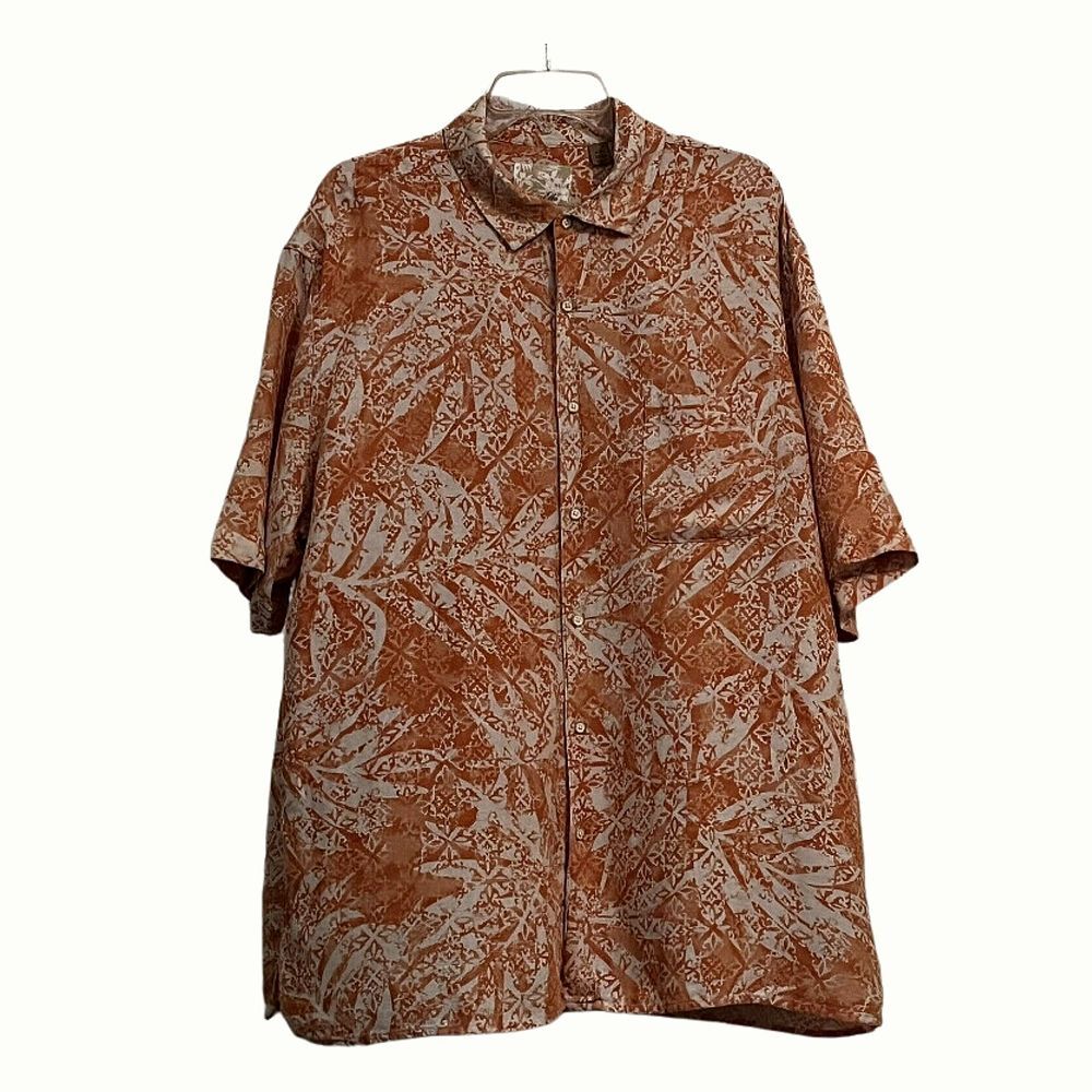Tasso Elba Island Ethnic Print Silk/Linen Camp Shirt Front Pocket Side Vents XXL